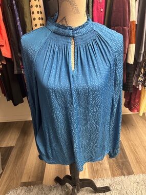 White House Black Market Teal-Blue Smocked Neck Long-Sleeve Blouse